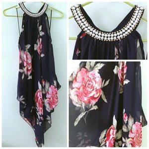 Floral Dress with Beaded Pearl Neckline